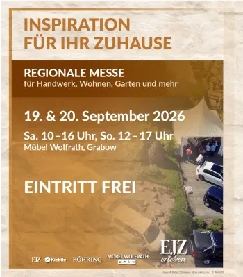 Banner für den Tag des Handwerks 2026 am 19. und 20. September 2026 bei Möbel Wolfrath in Grabow. Öffnungszeiten sind Samstag von 10-16 Uhr und Sonntag von 12-17 Uhr. Eintritt ist frei.